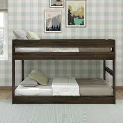 Dark wood bunk bed with green and gray bedding in a cozy bedroom with checkered wallpaper and nature-themed wall art.