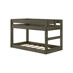 Wooden bunk bed frame with ladder for kids' bedroom furniture.