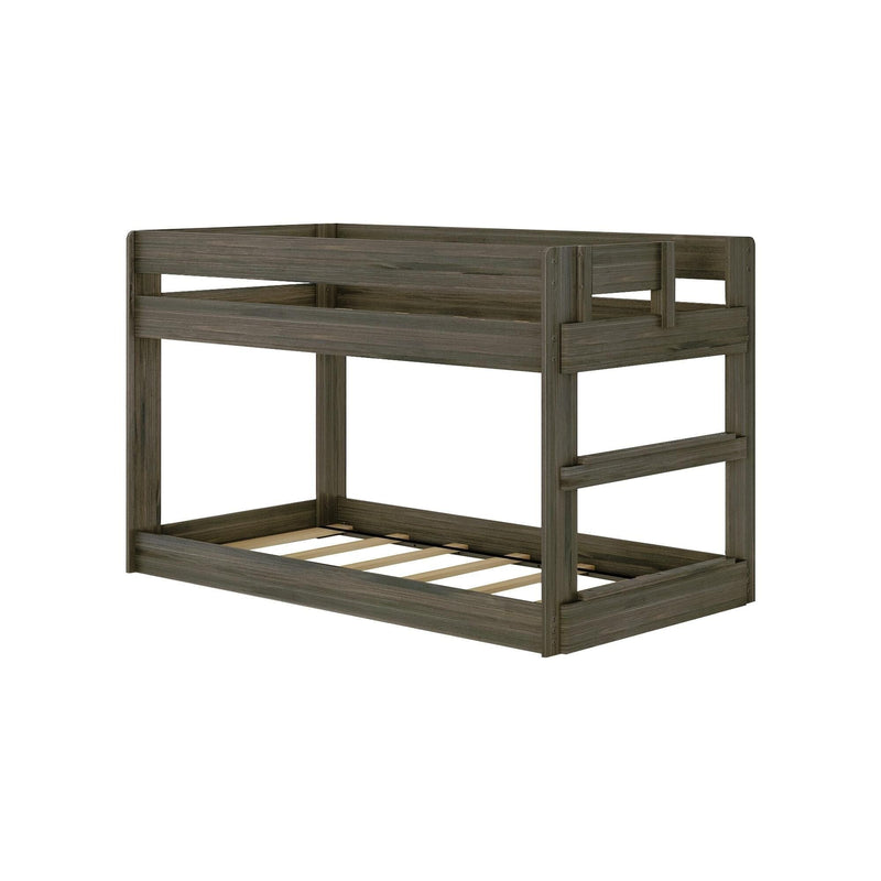 Weathered gray wooden twin-over-twin bunk bed with guardrails and slatted mattress supports — space-saving children's loft bed with solid wood frame