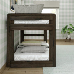 Wooden bunk bed in modern bedroom with green wallpaper and potted plant.