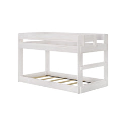 White wooden bunk bed frame with ladder, perfect for kids' bedroom furniture.