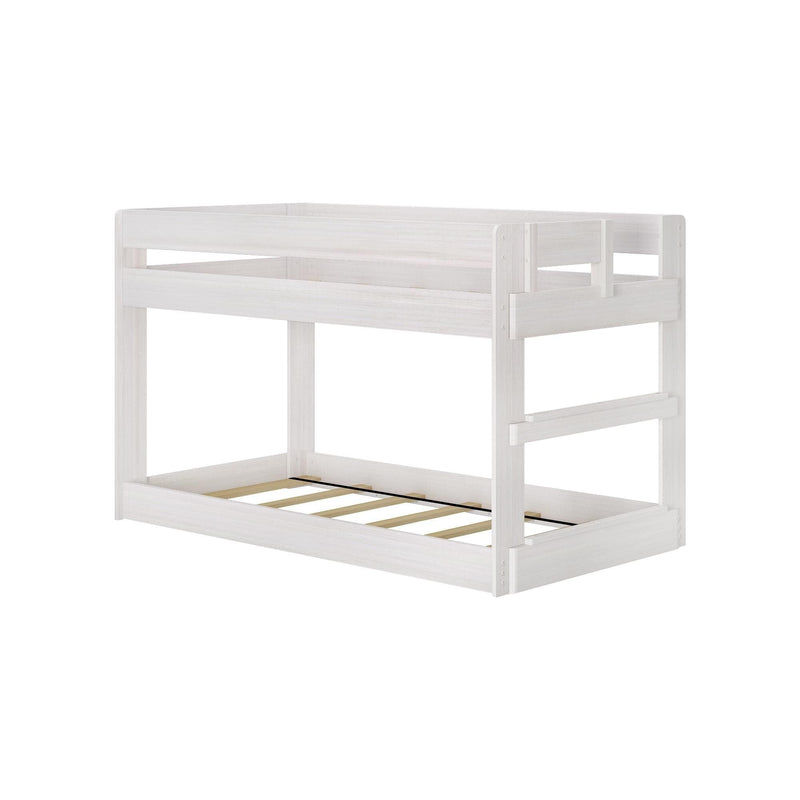 White wooden twin-over-twin bunk bed frame with built-in ladder and slatted base, modern space-saving kids bedroom bed