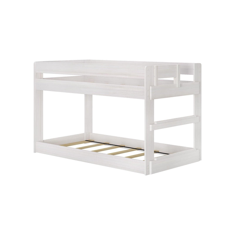 White wooden loft bunk bed frame with guardrails and ladder, space-saving twin platform bed for kids' bedrooms