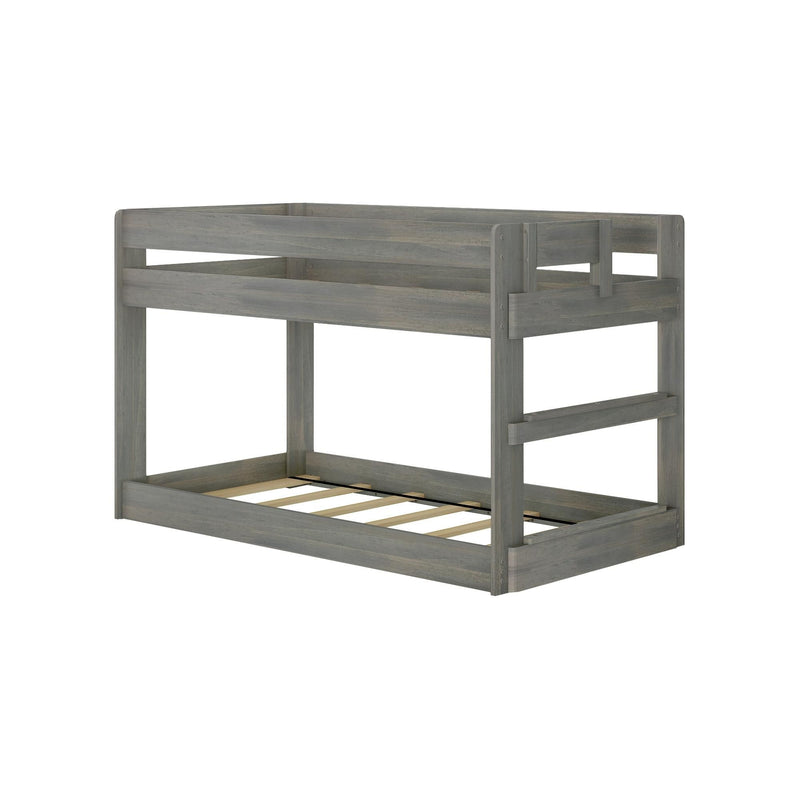 Gray wooden bunk bed frame with built-in safety rails and slatted mattress support in weathered gray finish
