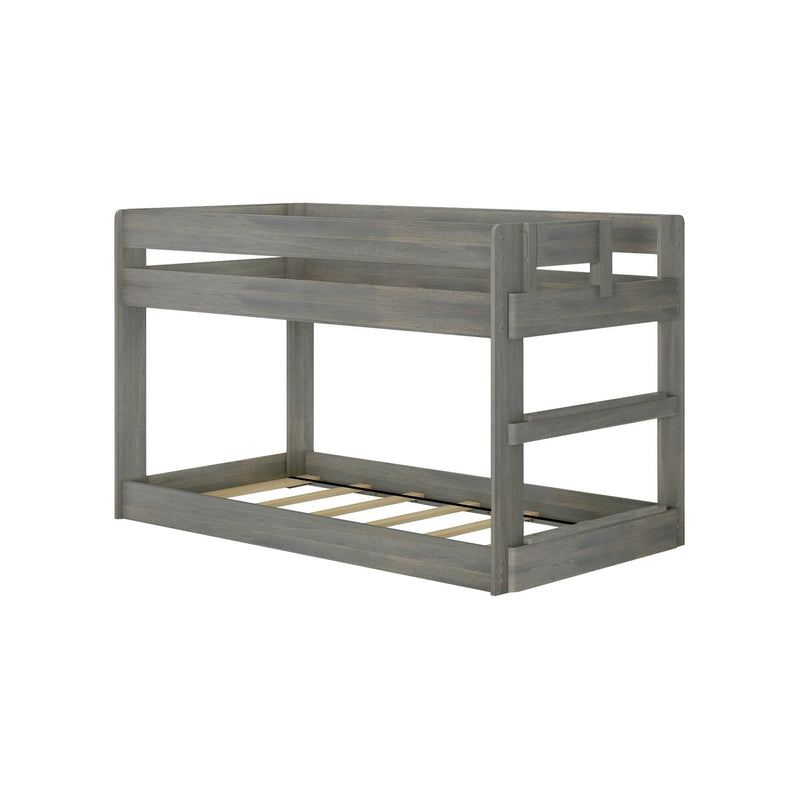 Gray wooden bunk bed frame with upper guardrails, slatted mattress support and built-in ladder in rustic farmhouse finish