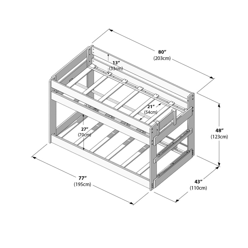 Bunk bed assembly diagram showing wooden bed frame with slats, guardrails and labeled dimensions in inches and centimeters (77″/195cm, 80″/203cm, 43″/110cm, 48″/123cm)