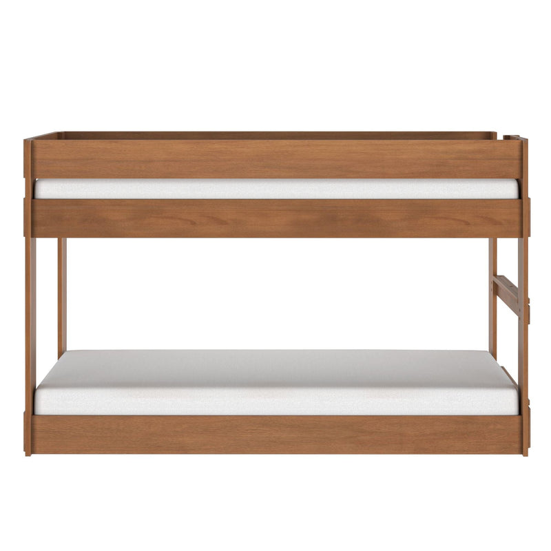 Minimalist solid walnut bunk bed with twin white mattresses, modern loft-style wooden frame and safety rail — space-saving bedroom furniture