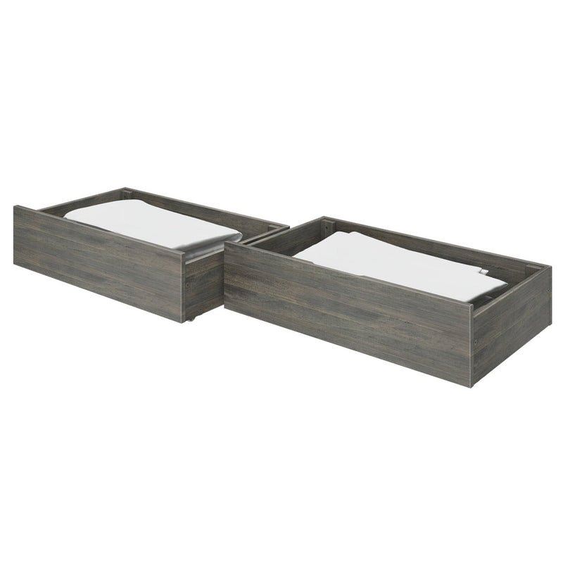 Gray wood under-bed trundle storage drawers (set of 2) with folded white bedding — low-profile bedroom storage for twin beds