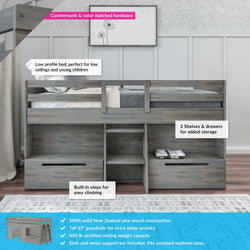 Loft bed with storage shelves and drawers, built-in steps, and safety guardrails, made from New Zealand pine wood for kids' bedrooms.
