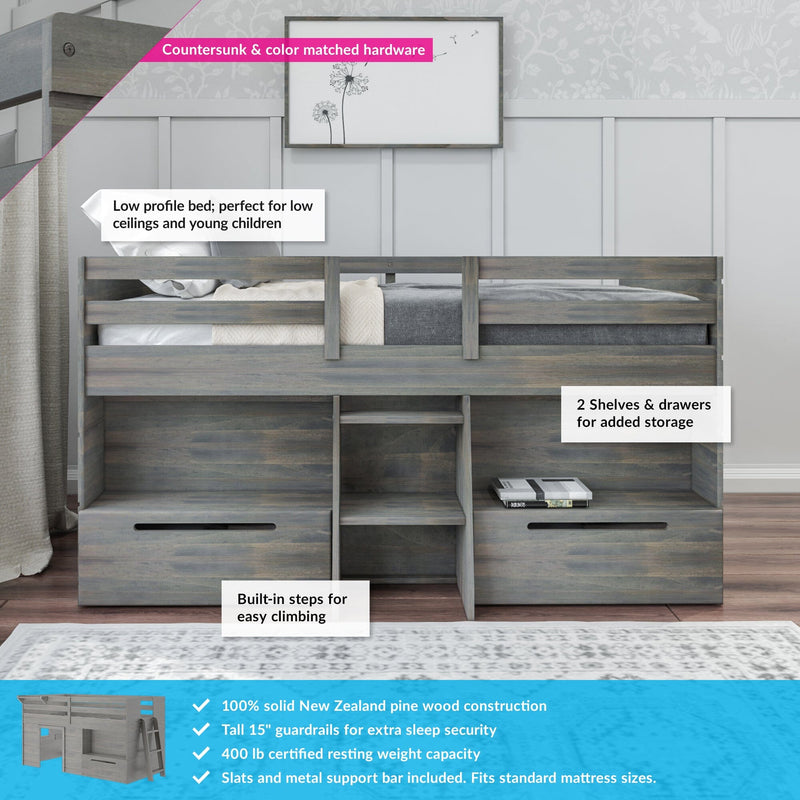 Loft bed with storage shelves and drawers, built-in steps, and safety guardrails, made from New Zealand pine wood for kids' bedrooms.