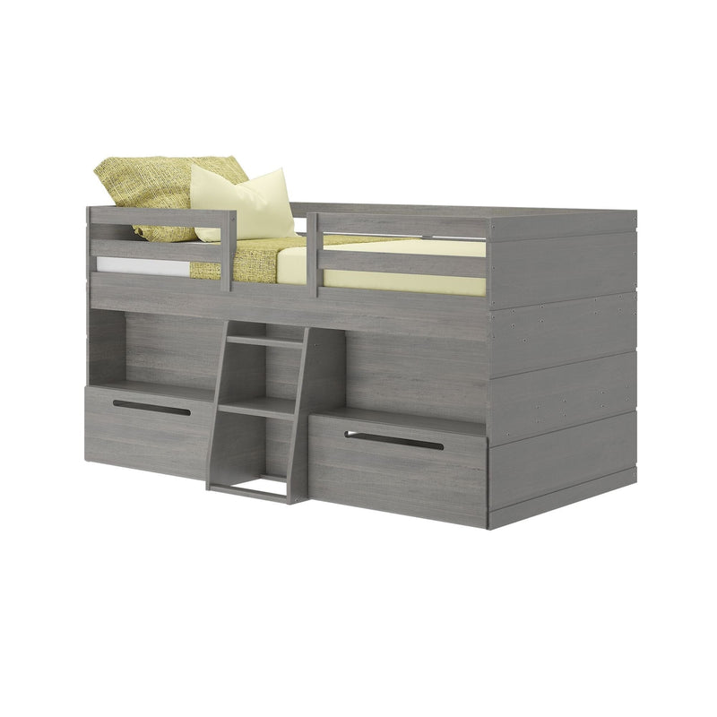 Gray wooden loft bed with ladder and storage drawers, featuring yellow bedding.