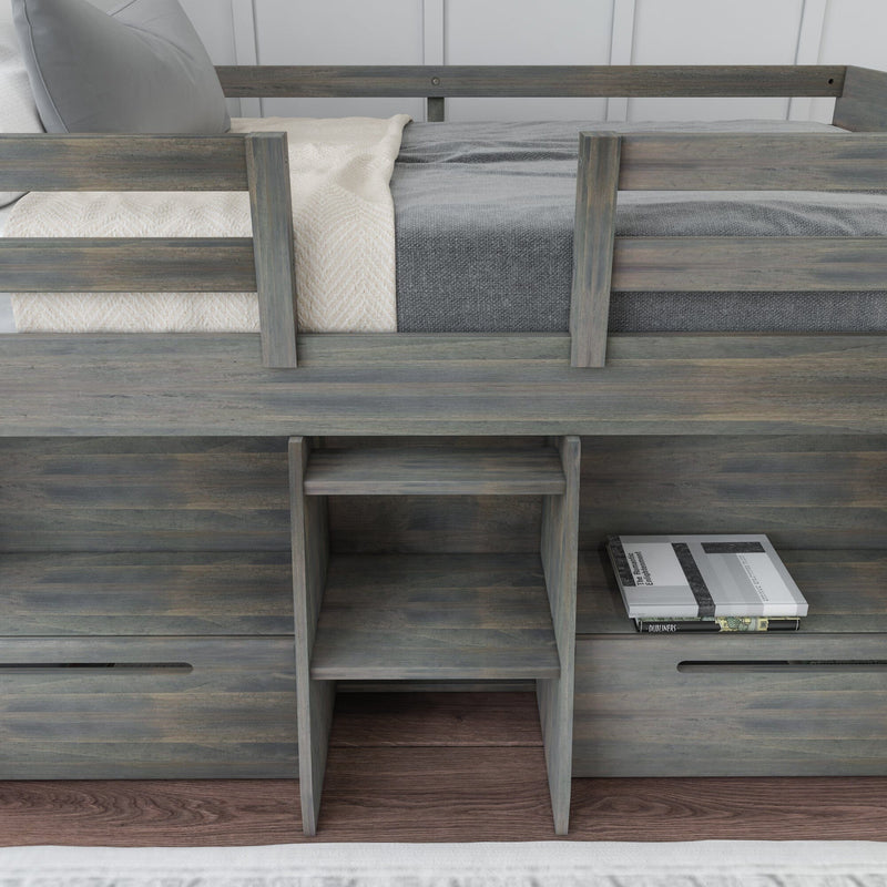 Loft bed with integrated storage shelves and a sleek wooden finish.