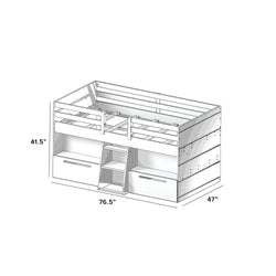 White wooden loft bed with storage drawers and measurements of 41.5 inches high, 76.5 inches long, and 47 inches wide.