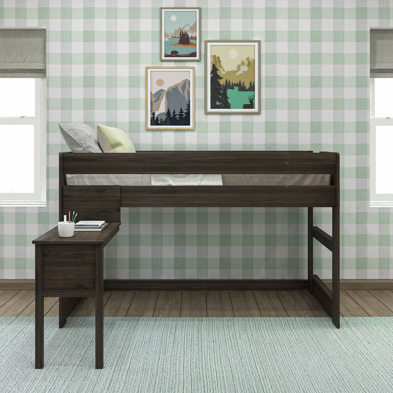 Kids loft bed with built-in desk in dark wood against green buffalo check wallpaper, styled with decorative pillows, framed mountain landscape art and mint rug — children's bedroom design