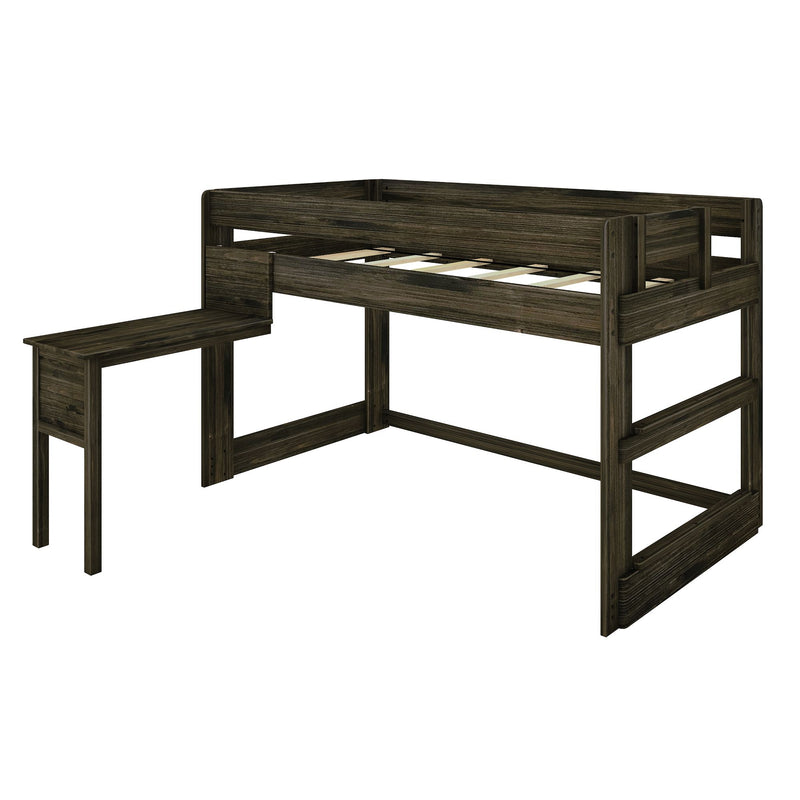 Dark walnut twin loft bed frame with guardrails, slatted mattress support and integrated desk bench for space-saving bedrooms