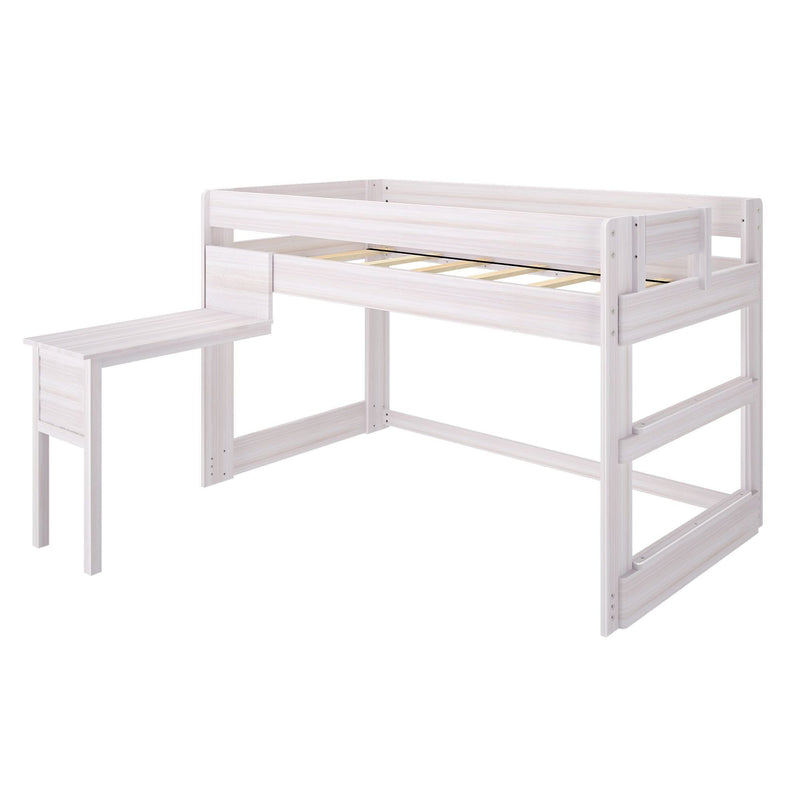 Whitewashed wooden loft bed frame with safety guardrail, integrated ladder and bench, raised twin loft bed for kids and teens, modern minimalist design for small-space bedrooms