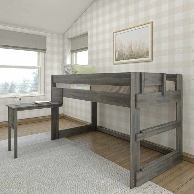 Rustic gray wooden loft bed with built-in desk in bright kids' bedroom, beige buffalo-check wallpaper and roman shades