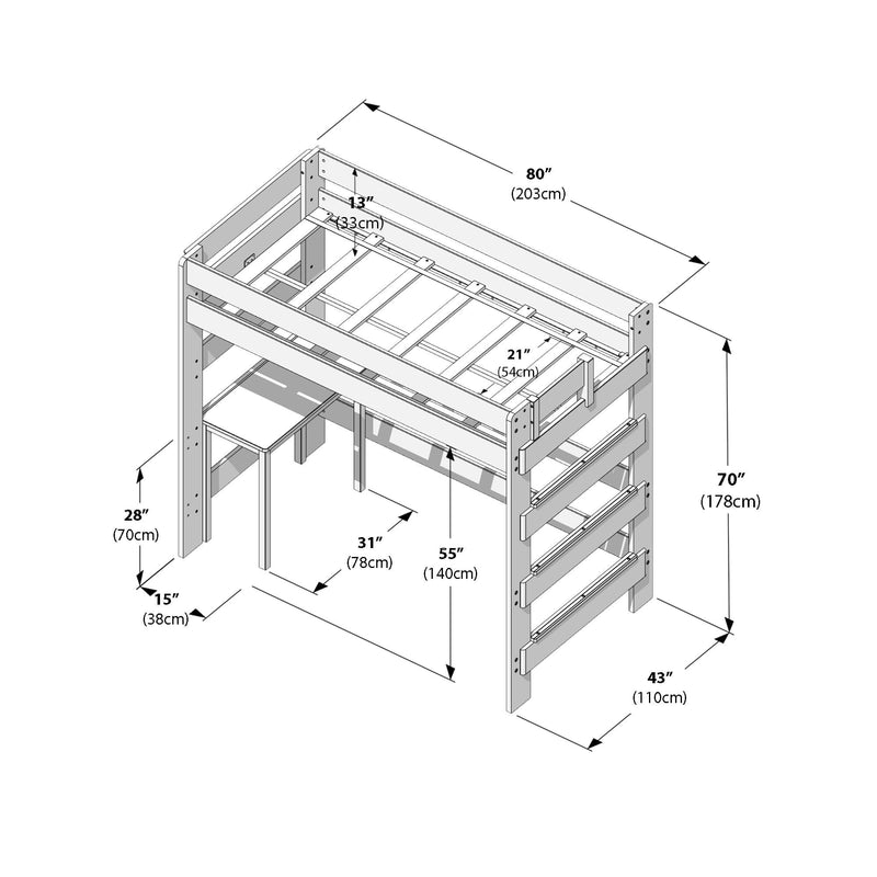 Dimensional diagram of a wooden twin loft bed with built-in desk, ladder and guardrails showing overall dimensions 80 in × 43 in × 70 in (203 × 110 × 178 cm) and internal slat and support measurements