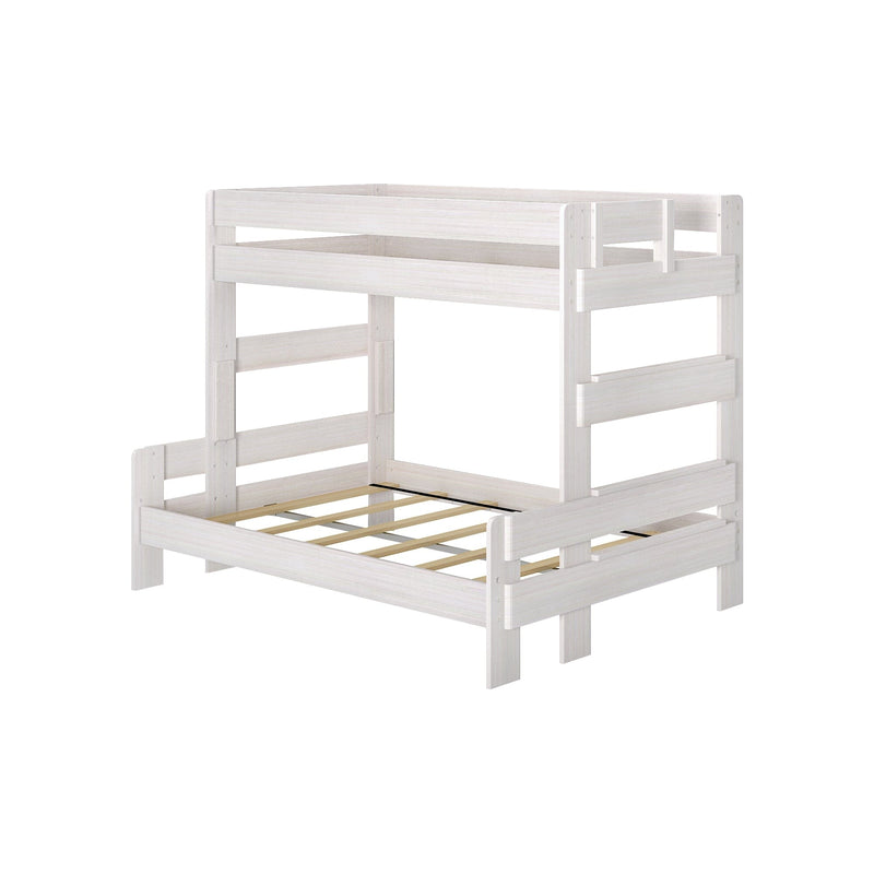 White wooden loft bed frame with guardrails, ladder and slatted mattress support, modern twin bunk bed for kids