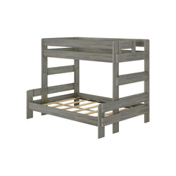Wooden bunk bed frame with ladder, versatile kids bedroom furniture.