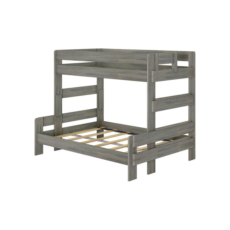 Gray wooden twin-over-full bunk bed frame with upper guardrails and slatted mattress supports, modern kids' bedroom furniture