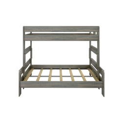 Wooden bunk bed frame with ladder and sturdy slats for kids' room.