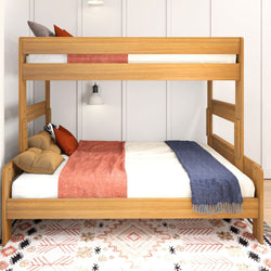 Wooden bunk bed with red and blue bedding in a modern bedroom setting.
