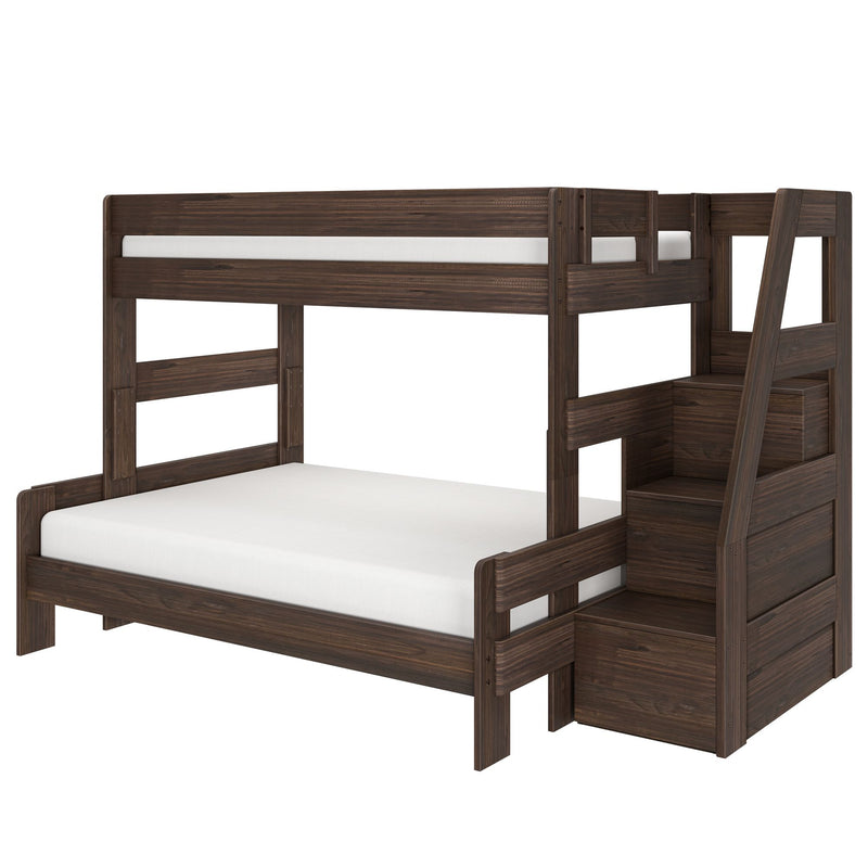 Dark walnut wooden bunk bed with built-in staircase and storage, solid wood loft-style frame with white mattresses