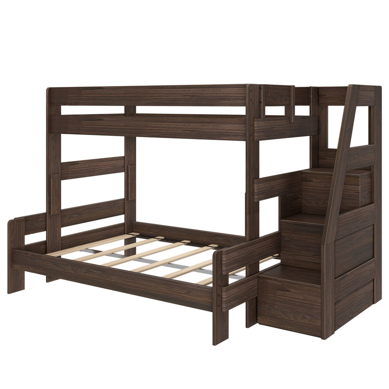 Dark walnut solid wood twin-over-full bunk bed with built-in staircase storage, guardrails and slatted platform frame for kids bedroom, space-saving modern design