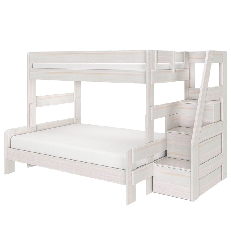 White wooden twin-over-full bunk bed with built-in storage stairs, space-saving kids' bedroom loft bed in modern farmhouse style