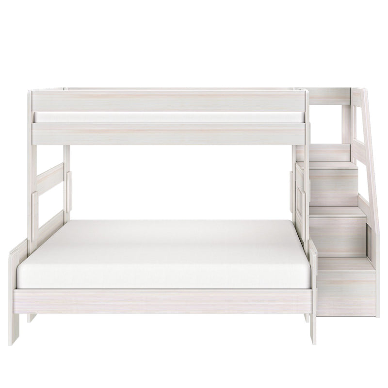 White wood twin-over-full bunk bed with staircase storage drawers, modern space-saving loft bed for kids and teens