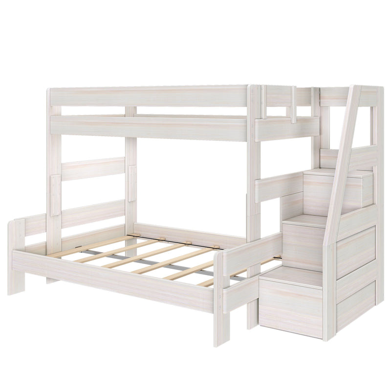 Twin-over-full whitewashed wooden bunk bed with built-in staircase storage, slatted bed frames and space-saving children's loft design