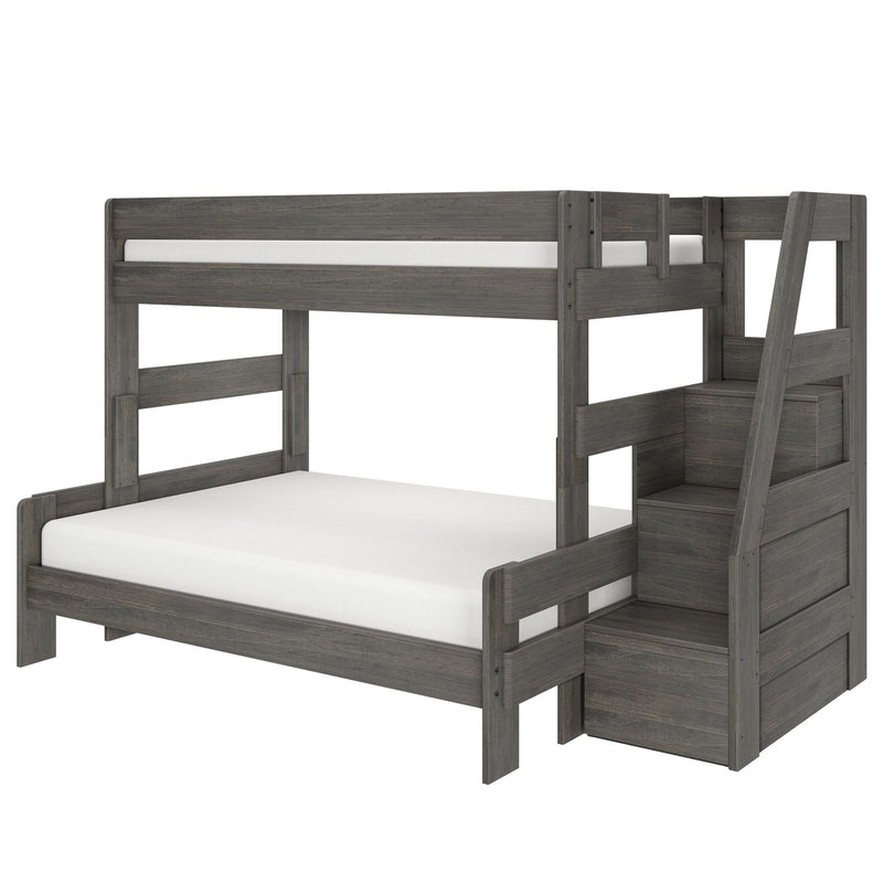 Gray wooden twin-over-full bunk bed with built-in staircase storage and modern farmhouse finish for kids' bedroom