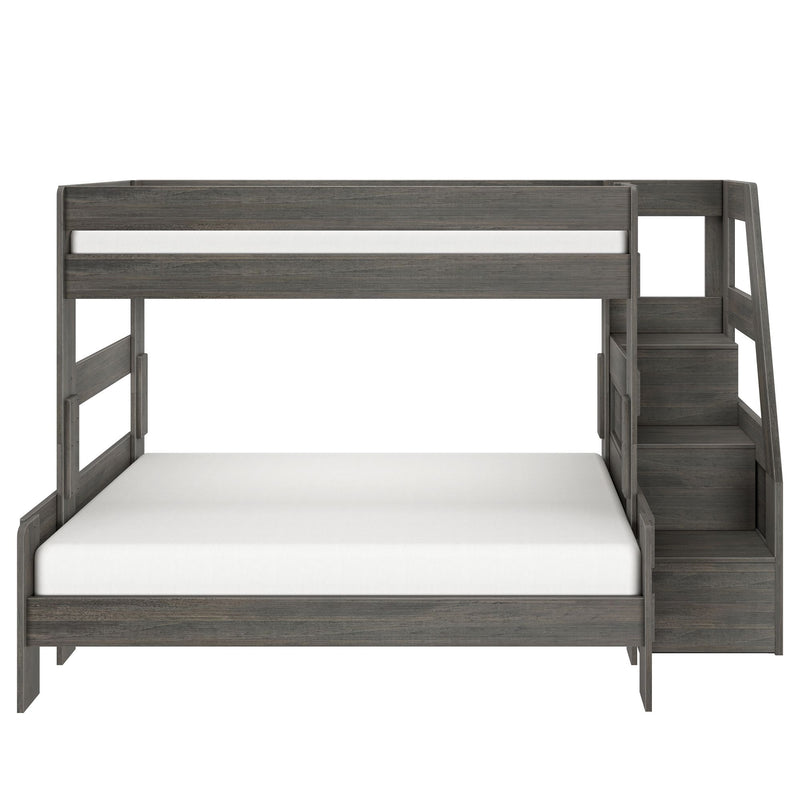 Gray wooden twin-over-full loft bed with built-in staircase storage, modern space-saving bunk bed for kids' bedroom