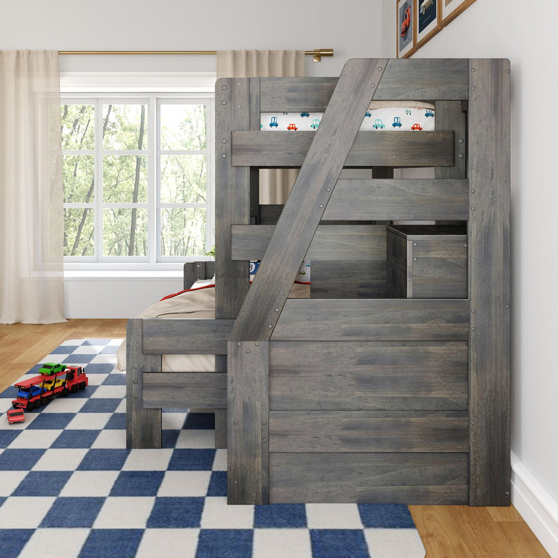 Gray wooden bunk bed with angled ladder and built-in storage in a child's bedroom, blue checkered rug and toy cars by the window