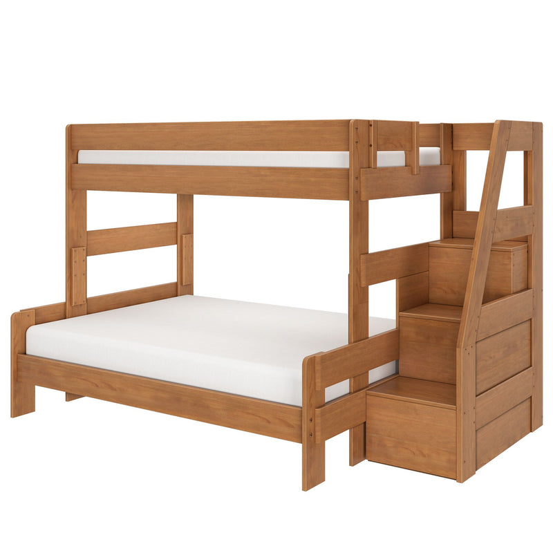 Solid wood twin-over-full bunk bed with built-in storage staircase and safety rails in natural oak finish, modern kids' bedroom furniture