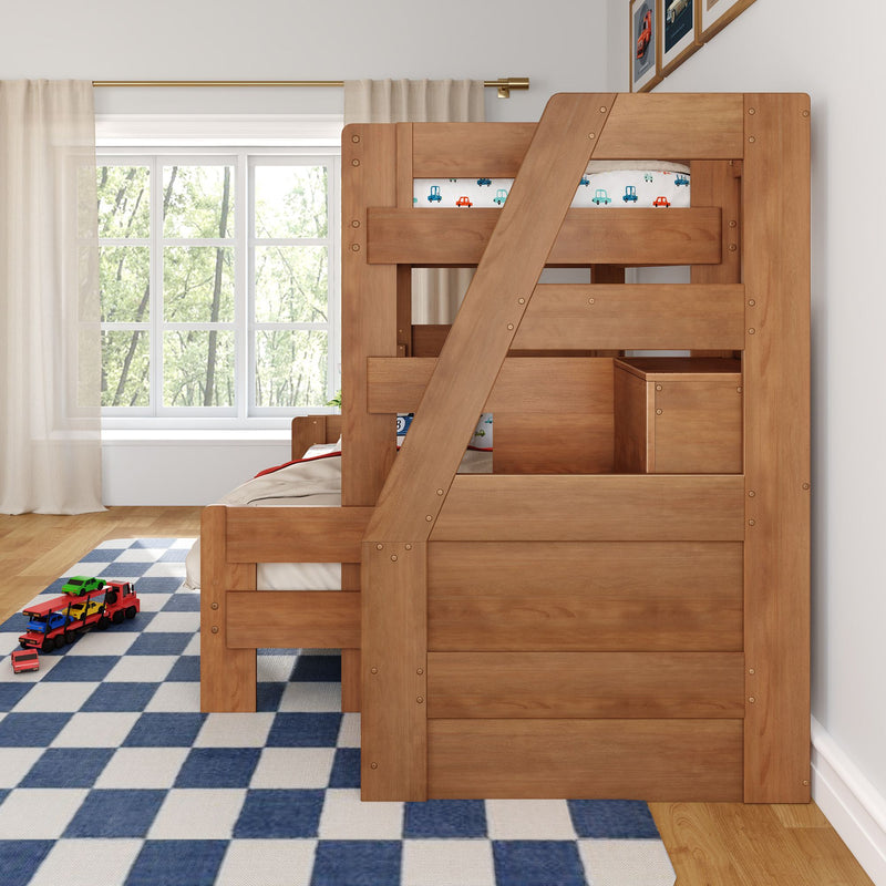 Wooden bunk bed with angled ladder in children's bedroom, blue checkered rug and toy car carrier by window with sheer curtains