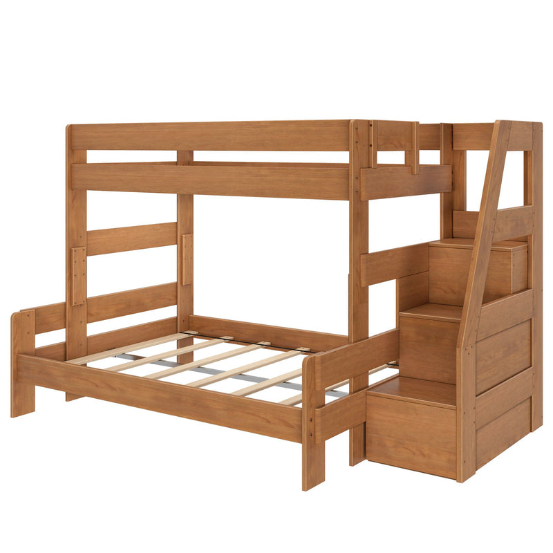 Loft-style solid wood bunk bed with built-in staircase storage, slatted platform, and natural wood finish