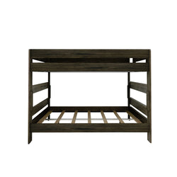 Modern dark wood bunk bed frame with slatted support design for kid's bedroom.