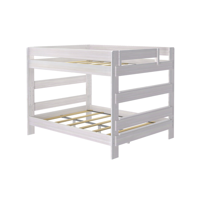 Whitewashed wooden loft bunk bed frame with safety guardrails and slatted mattress supports, modern space-saving kids' bedroom furniture