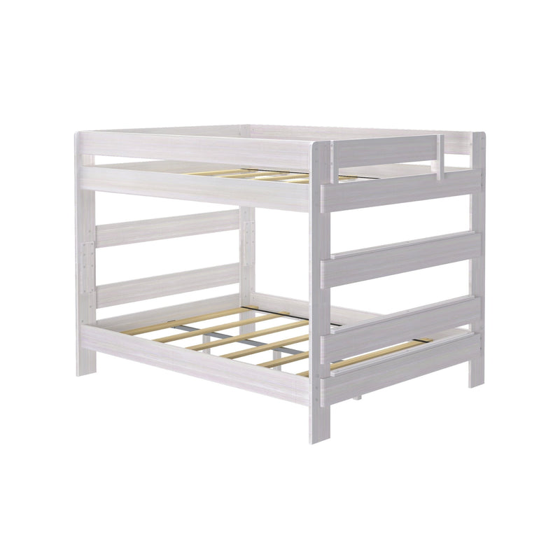 Whitewashed wooden loft bunk bed frame with safety guardrails and slatted mattress supports, modern space-saving kids' bedroom furniture