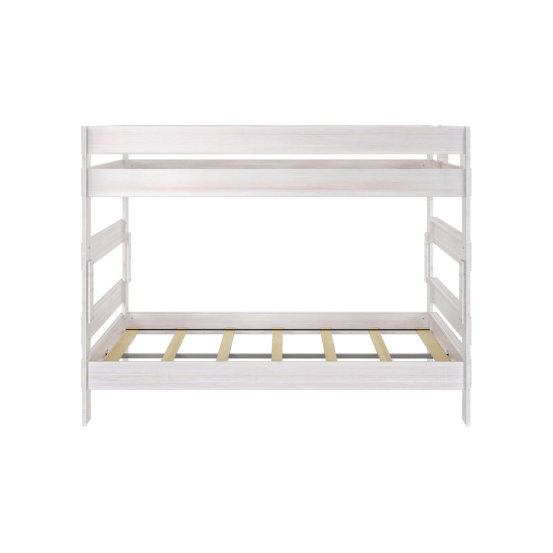 Whitewashed wooden twin loft bed frame with slatted mattress platform and integrated side ladder — space-saving kids' bedroom bunk bed