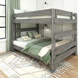 Modern wooden bunk bed with green bedding in stylish bedroom interior.