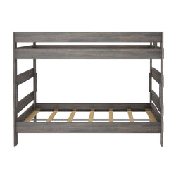 Gray wooden bunk bed frame with slatted bases for mattresses, ideal for space-saving bedroom solutions.