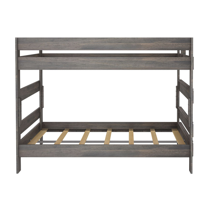 Gray wooden twin-over-twin bunk bed frame with slatted mattress supports, safety rails and rustic farmhouse finish