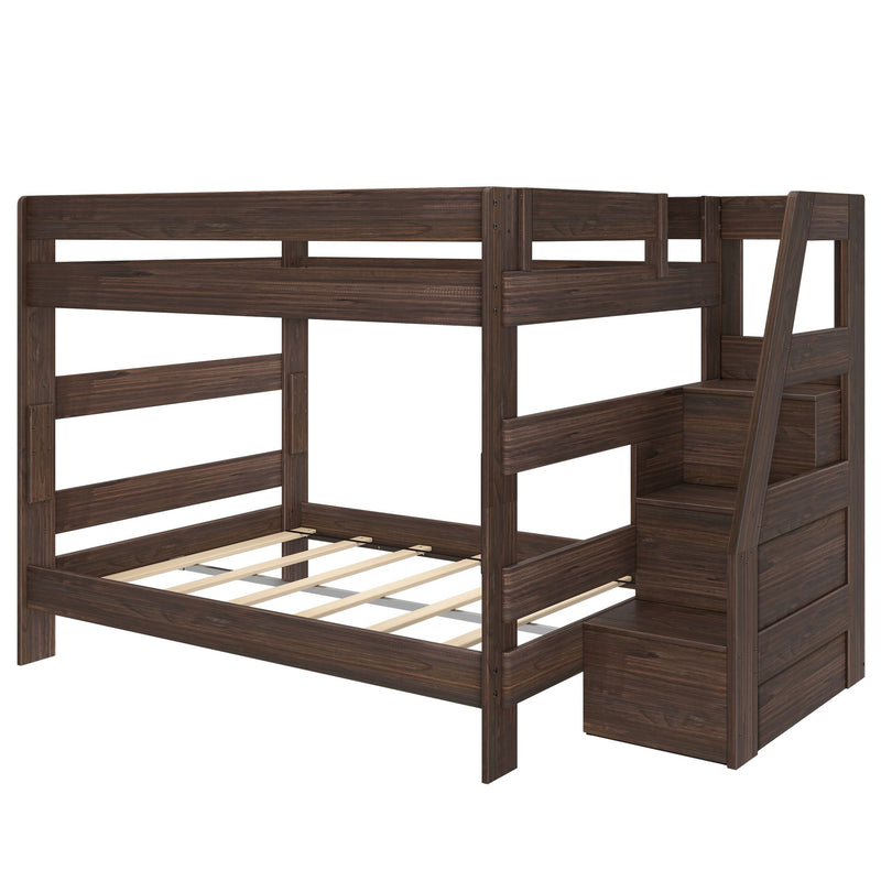 Dark walnut wooden twin-over-full bunk bed frame with built-in staircase, under-bed slats and storage drawers, modern farmhouse kids loft bed