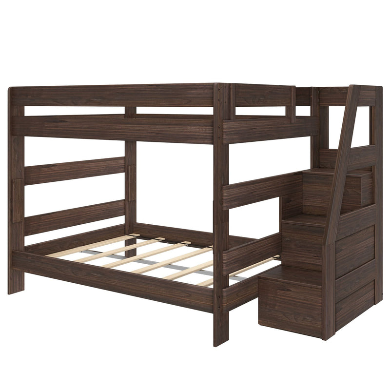Dark walnut wooden twin-over-full bunk bed frame with built-in staircase, under-bed slats and storage drawers, modern farmhouse kids loft bed