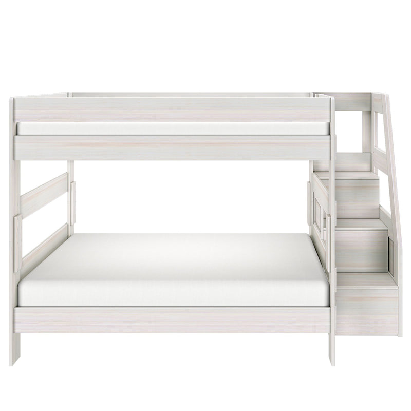 Whitewashed wooden loft bunk bed with built-in staircase and guardrails, full-size lower bed for kids