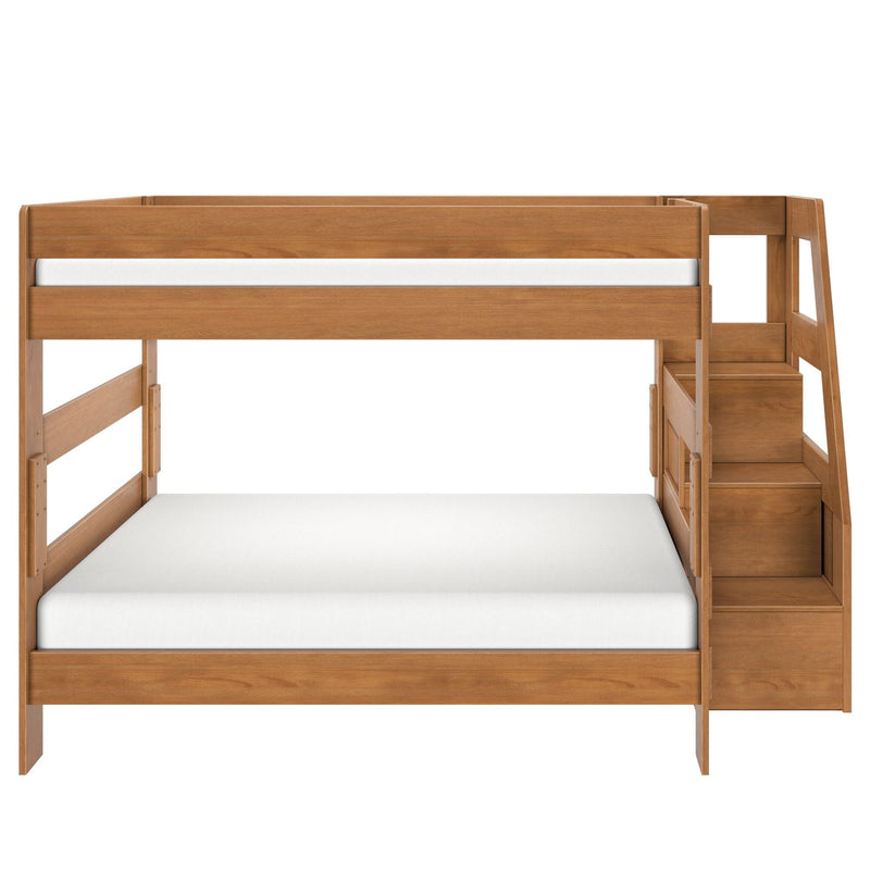 Solid wood bunk bed with built-in staircase and storage, natural oak finish and white mattress, modern kids loft bed