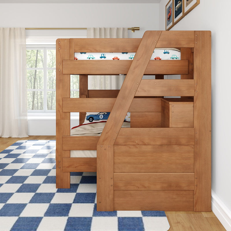 Solid wood kids loft bunk bed with angled ladder and car-print bedding in a bright child's bedroom with sheer curtains and blue check rug